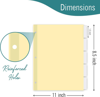 5-Tab Binder Dividers for 3 Ring Binder, Insertable Clear Big Tabs, Bulk Letter Size Paper Divider, 8.5 x 11 inch, 12 Sets (60 Dividers Total)