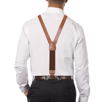 CONLIKE Leather Suspenders for Men Heavy Duty Mens Suspenders for Jeans Dress Pants Groomsmen Gift Wedding Y Back Design Adjustable with Metal Hooks, Brown