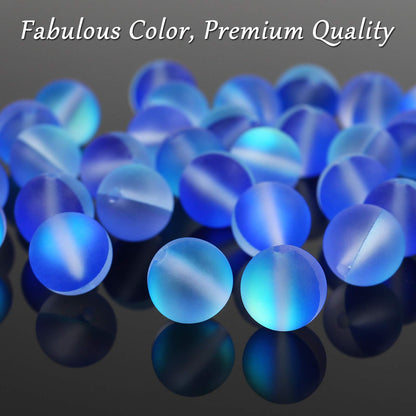 Matte Blue Aurora Crystal Glass Beads, 8MM Frosted Glitter Shining Mermaid Round Loose Beads, Rainbow Holographic Synthetic Moonstone for Jewelry Making DIY Bracelet