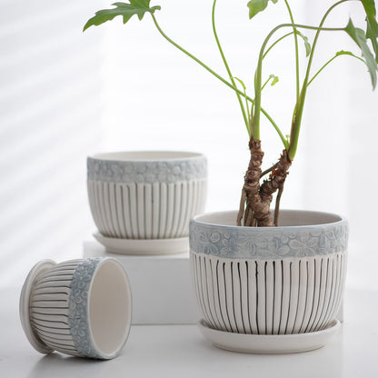 Ton Sin Grey Flower Pots, Texture Planter for Indoor Plants Set of 3 Ceramic Flower Pots with Saucer, Cute Garden Pots Succulent Pots, 6.75/5.6/4.2 Inch, Indoor Outdoor Home Garden Decor