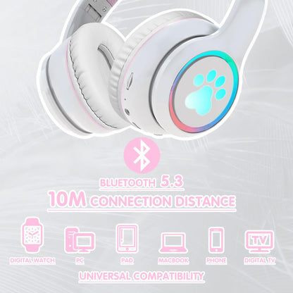 Mokata Gaming Bluetooth 5.0 Wireless Headphones Over Ear Cat Led Light Foldable Music Headset with Aux 3.5mm Microphone (Built-in) for Adult & Kids PC TV Game Music Pad Laptop Cellphone White