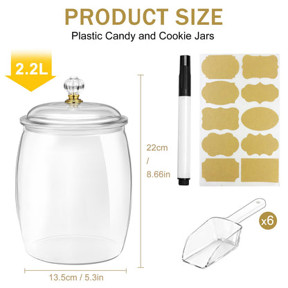 FALUCKYY 6 PCS Plastic Candy Jars with Lids, 2.2L 74oz Airtight Food Storage Canisters, Apothecary Cookie Jars for Kitchen Pantry, Includes 6 Scoops, Pen & Labels