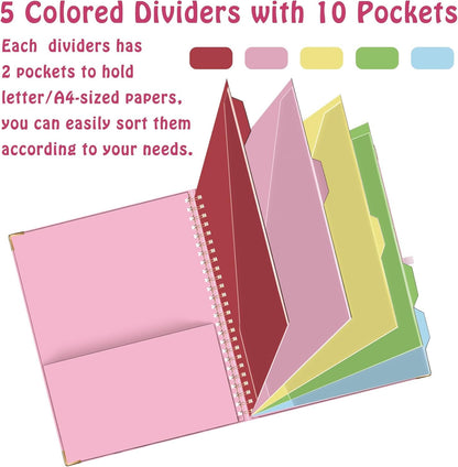 HAUTOCO Clipboard Folio with Refillable Notepad for Letter Size (11" x 8.5"), 5 Dividers with 10 Pockets, Elastic Pen Holder and File Folder Labels, Spiral Nurse Clipboard Artboard(Pink)