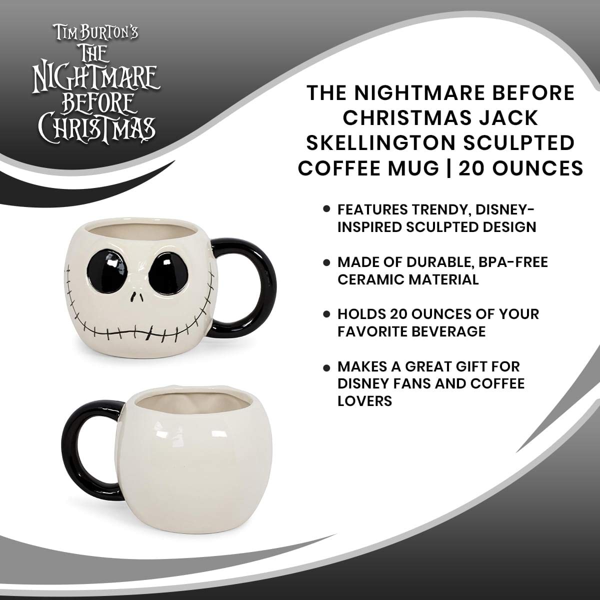 Nightmare Before Christmas The Jack Skellington 20-Ounce Coffee Mug | Oversized Ceramic Mug, Coffee Cup | Sculpted Coffee Mug | Drinkware For Coffee, Tea, Hot And Cold Beverages