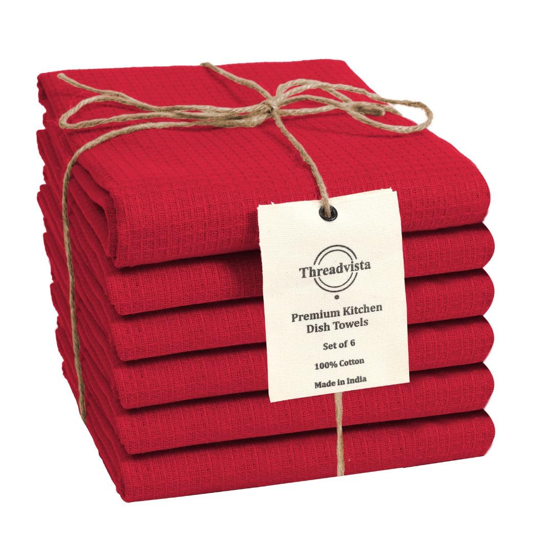 Threadvista 100% Cotton Waffle Kitchen Towels Set of 6 - Soft Highly Absorbent Durable Reusable - Perfect for Drying Cleaning Everyday Kitchen Use - Quick Drying Premium Dish Towels 16x26 Inch Red