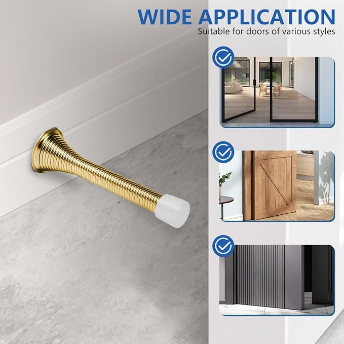 KISEER 12 Pack Spring Door Stops 3 1/4 Inch Flexible Heavy Duty Spring Door Stopper with RustProof Screw Rubber Bumper Tips (Gold)