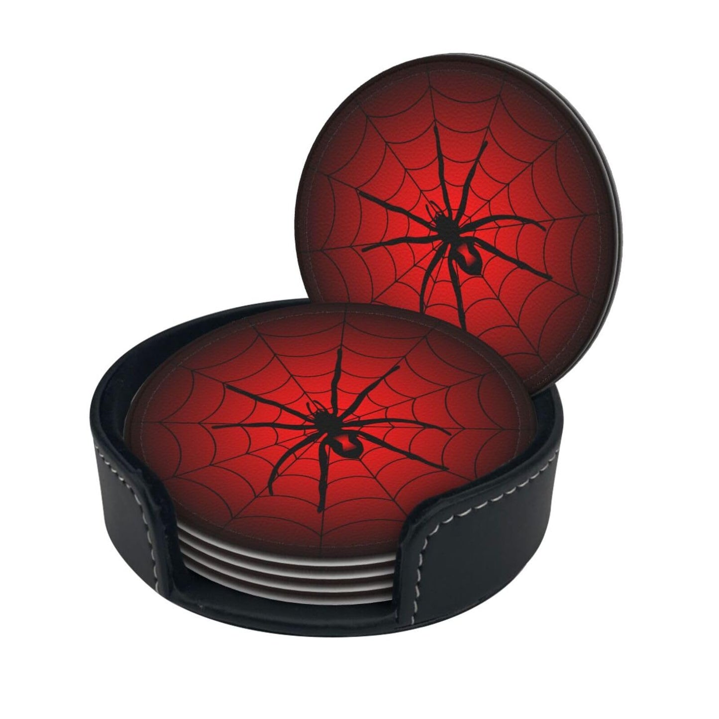 Spider Coasters for Drinks with Holder Leather Coasters Set of 6 Cute Halloween Drink Coasters Sets for Living Room Kitchen Coffee Bar Table