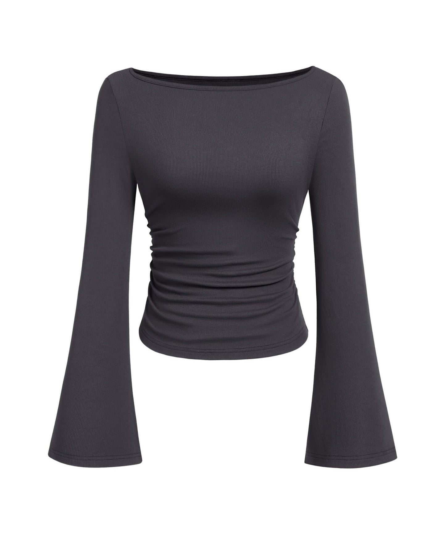 PRETTYGARDEN Women's Long Sleeve Shirts 2025 Fall Crop Going Out Tops Casual Boat Neck Bell Sleeve Ribbed Ruched Y2K Clothes