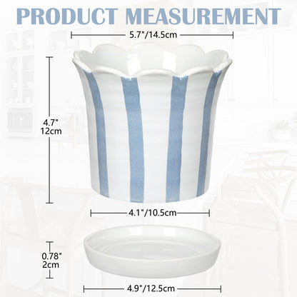 Nature Crafted Ceramic Plant Pots, 5.8 Inch Planter Pot with Drainage Hole and Sauser, Stripe Ceramic Planters with Floral Edge for Indoor Succulent Flower Orchid Plants Home Room, Blue