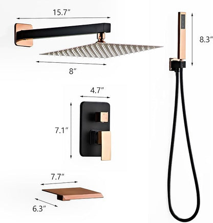 Rainfall Shower Faucet Set with Tub Spout 8 Inch, Shower Head and Handle with 2 Hooks, Rain Shower and Handheld Shower System Square Wall Mount for Bathroom