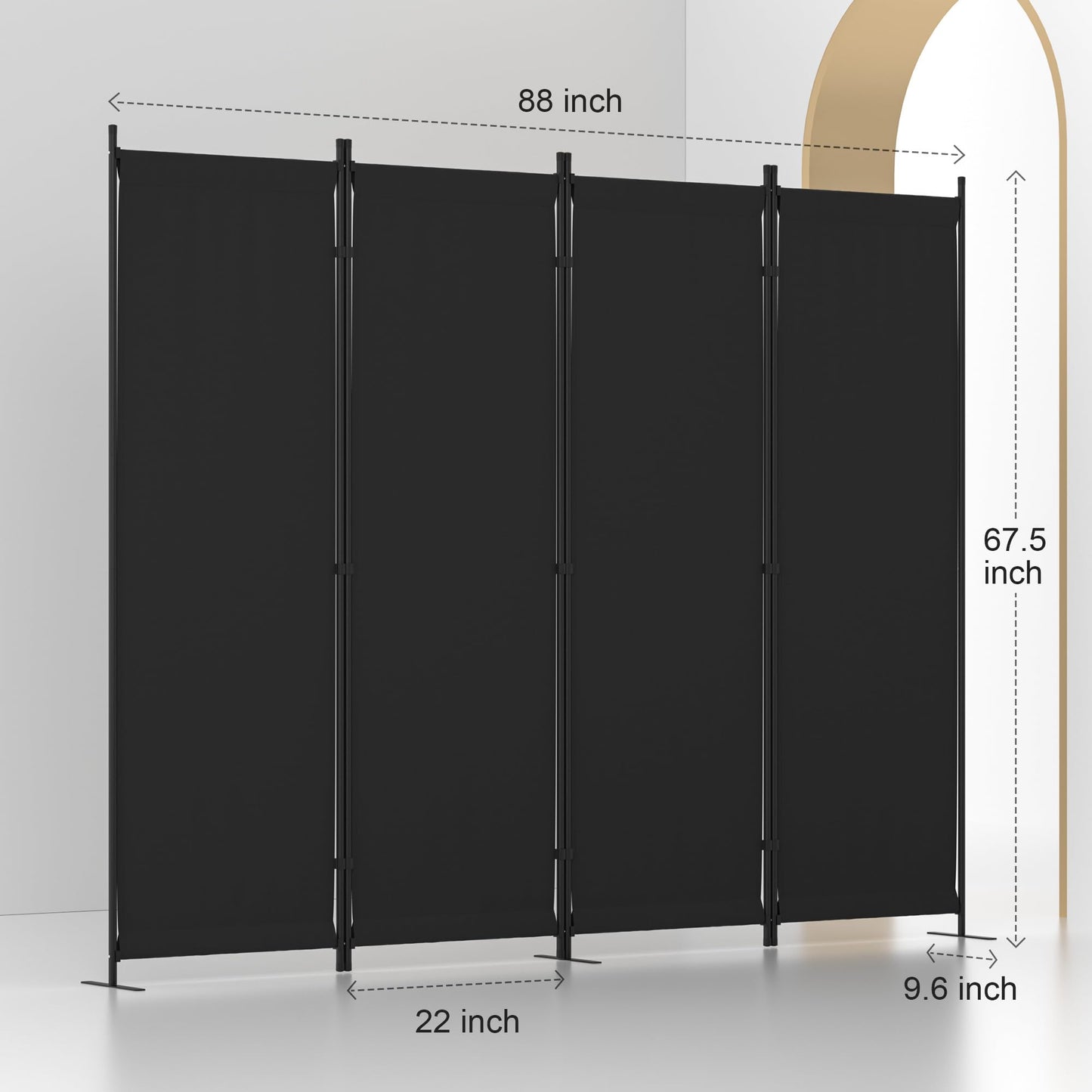 Room Divider, 4 Panel Folding Privacy Screen, 88” Portable Separating with 3 Metal Feet, Partition Room Dividers, Lightweight Freestanding Wall Divider Screen for Office Bedroom Hospital(Black)
