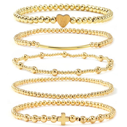 14K Gold Cross Beaded Initial Bracelet Stack for Women,Dainty Stretch Gold Plated Letter “M” Stackable Bracelets Bohemian Layered Prom Party Accessories Jewelry Gift Friendship