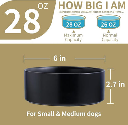 Elevated/Raised Ceramic Dog Bowl with Bamboo Stand (Black, 3.6Cup)