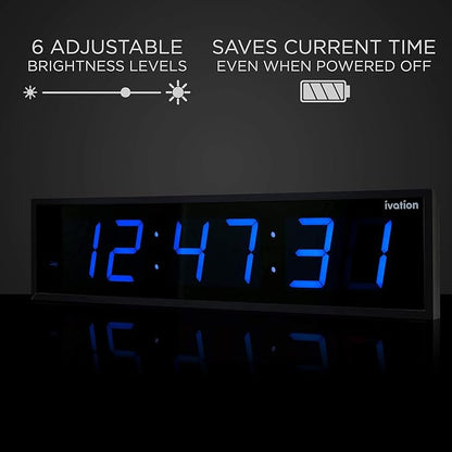 Ivation Huge Oversized 48" Large Digital LED Clock | Big Digital Clock w/Multi-Function Display – Stopwatch, Timer, Alarms, Temp & Date | 6 Brightness Levels, Time Memory & Remote (Blue)