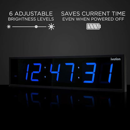 Ivation Oversized 24" Large Digital LED Clock | Big Digital Clock w/Multi-Function Display – Stopwatch, Timer, Alarms, Temp & Date | 6 Brightness Levels, Time Memory & Remote (Blue)