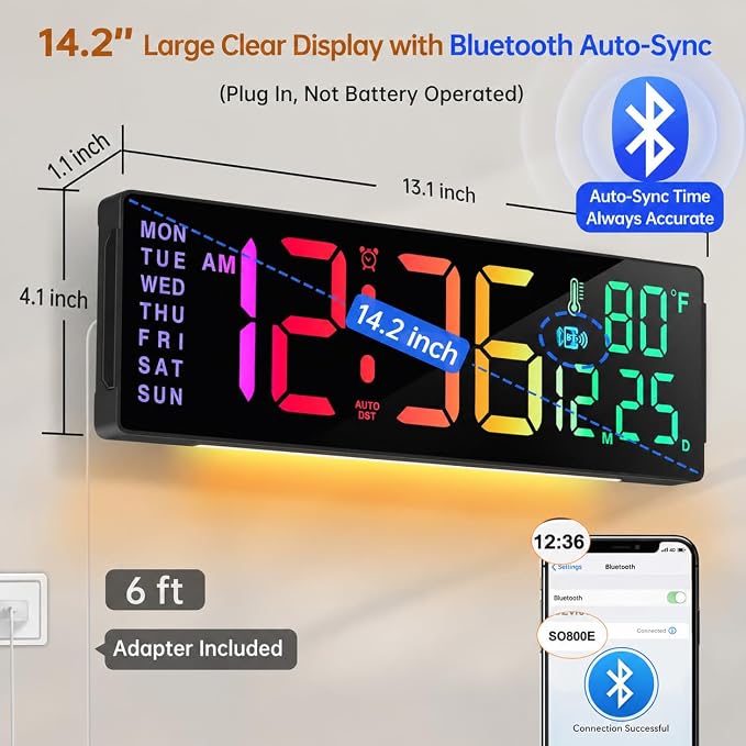 Soobest 14.2" Digital Wall Clock with Bluetooth Auto Time, Date Sync, LED Large Display with Remote Control, Gym Countdown Timer & 12 RGB Colors for Classroom, Temp, Nightlight for Seniors