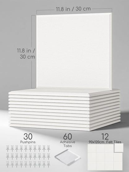Lightomorrow 0.47" Thick Felt Pin Board Tiles, 12 Pack 11.8 x 11.8 in Bulletin Board 48" x 36", Cork Board Alternative with Adhesive & 30 Push Pins for Home Office Classroom, White