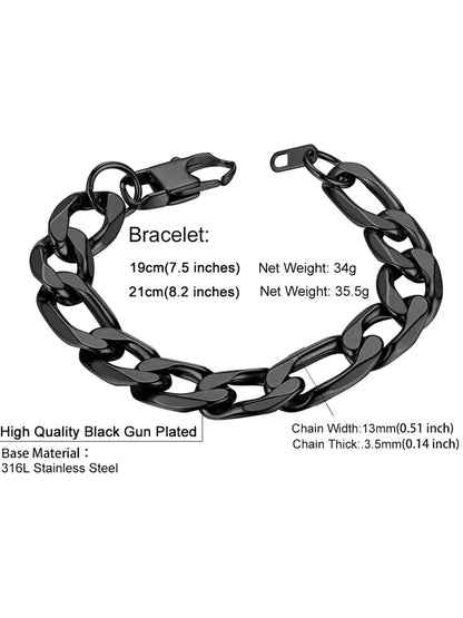 ChainsHouse Black Figaro Bracelet for Men Women, 13mm 7.5" Link Chain Bracelet Punk Hip Hop Jewelry Stainless Steel Figaro Bracelets