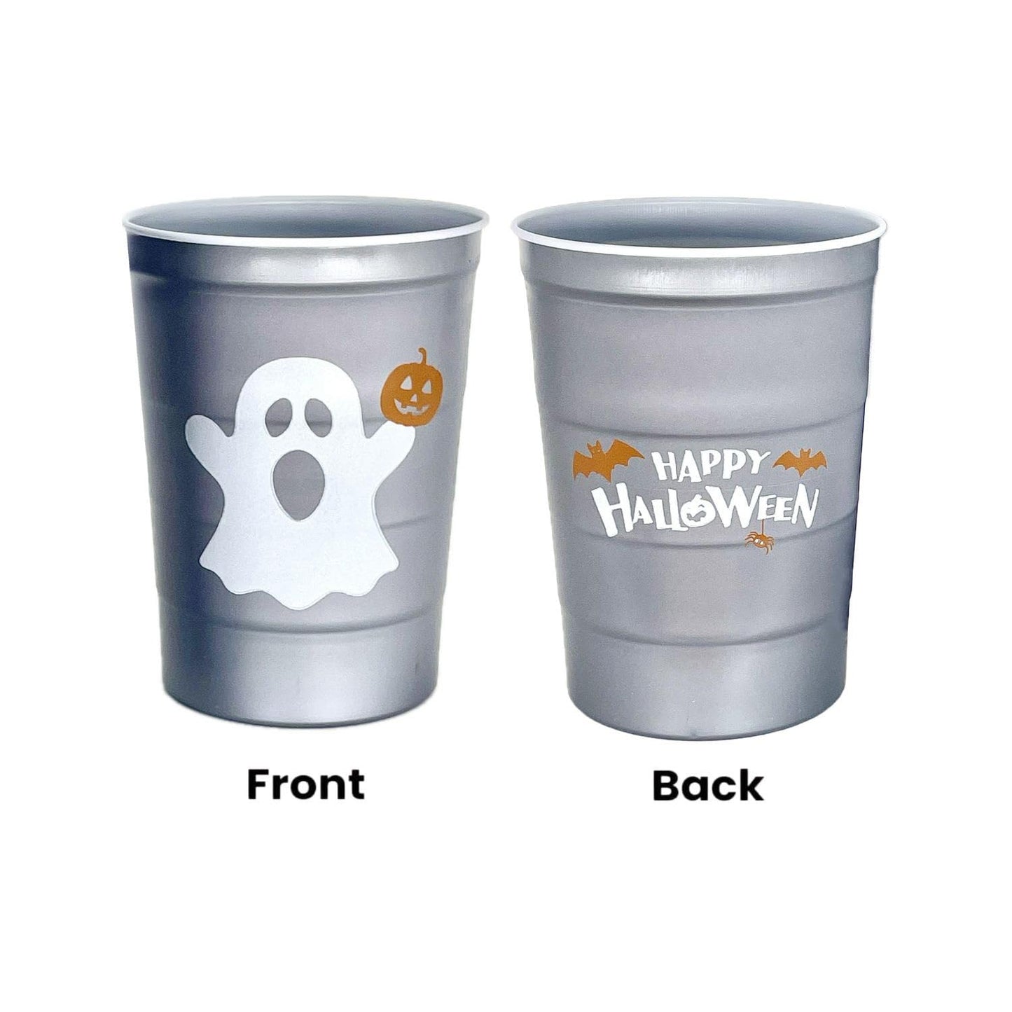 Steel Chill Cups 16 oz. Party Cups 'Happy Halloween' Ghost Design for Cold Drinks, Durable, Disposable, Recyclable, Made in USA, Gray, 12 Count