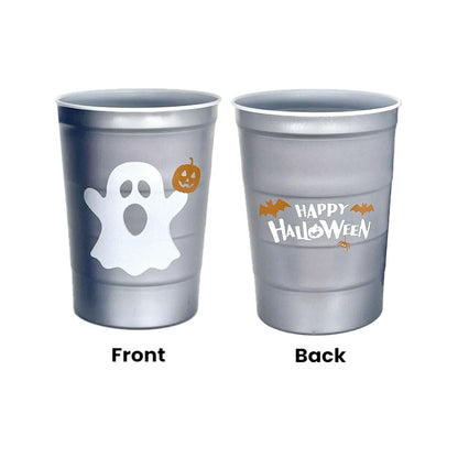 Steel Chill Cups 16 oz. Party Cups 'Happy Halloween' Ghost Design for Cold Drinks, Durable, Disposable, Recyclable, Made in USA, Gray, 12 Count