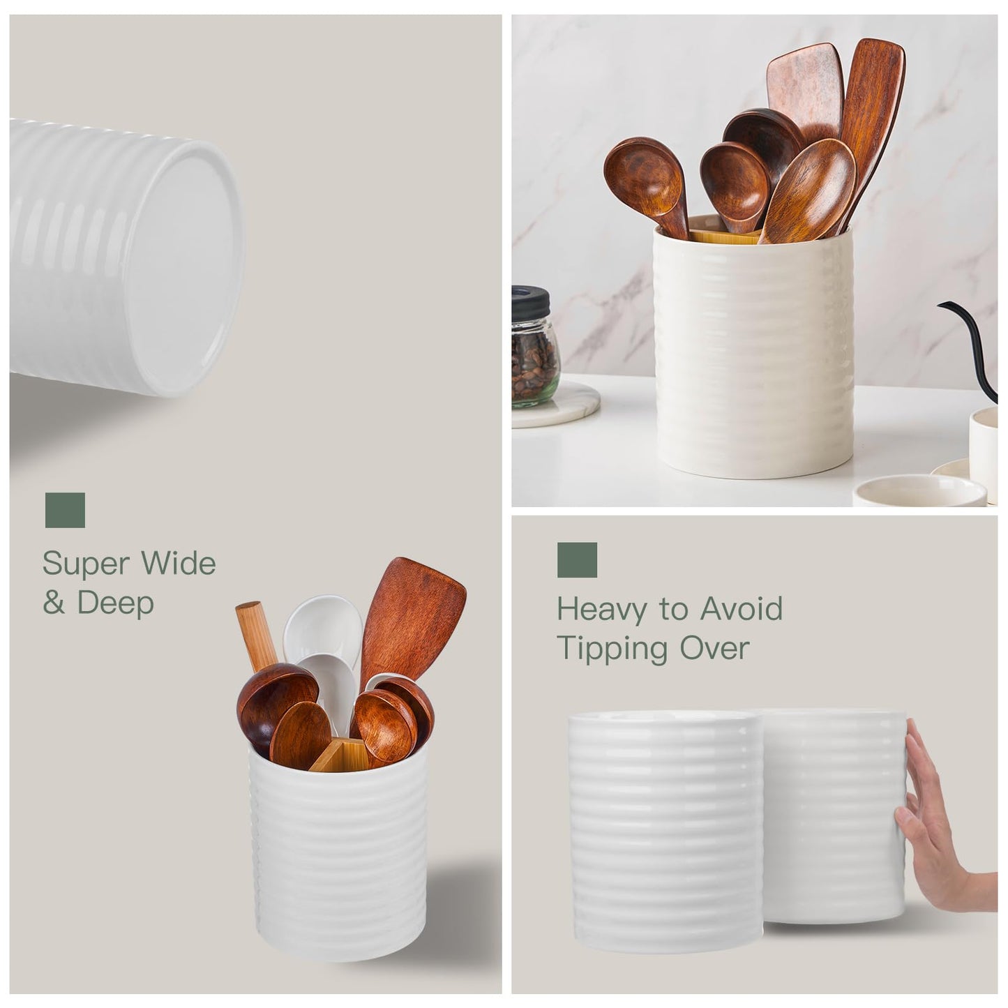 Meichu Utensil Holder, White Ceramic Utensil Holder for Countertop, 7.2" Large Cooking Utensil Crock for kitchen counter with Divider Board, Morden Countertop Organizer for Spatula, Kitchen Decor