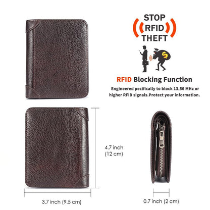 ZYLOXAR Genuine Leather Wallet for Men Zipper RFID Blocking Durable 8 Card Slots 2 ID 2 Cash Compartments High Capacity Organizer (Coffee)