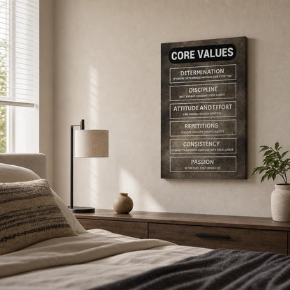 Inspirational Wall Decor Canvas - Modern Entrepreneur Art for Business Motivation, Premium Office Poster with Core Values Design, Wooden Framed Picture for Home Workspace or Team Room, 24x18 Inch