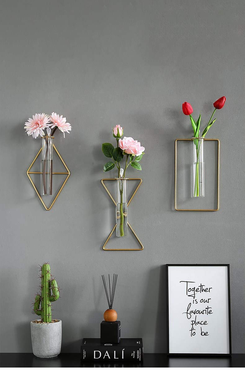 2 Pack Nordic Wall Vase,Gold Geometric Vase Hanging Hydroponic Planter,Wall-Mounted Metal Glass Tube Bud Vase Decorative for Centerpieces Wedding Home Decor(Gold 5)