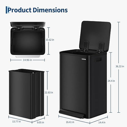 13 Gallon Trash Can Kitchen Garbage Bin with Removable Inner Buckets 50L Stainless Steel Step-on Metal Large Waste Cans with Soft Close Lid Black