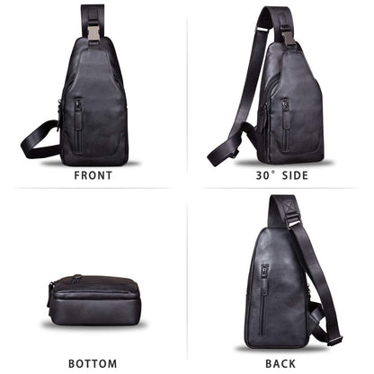 Genuine Leather Sling Bag for Men Chest Shoulder Crossbody Hiking Backpack Vintage Handmade Daypack (Black)