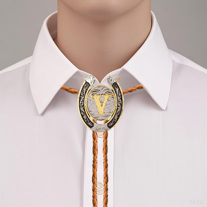 HLYMPONY Bolo tie for Men Western Cowboy Brown Leather Necktie Gold Initial Letter ABCDJMR to Z Bolo ties for Women (V)