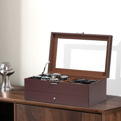 GLJ Jewelry Box for Men, 6 Slot Watch Box Jewelry Organizer With Drawer, Watch Case for Men with Large Window, 2-Layer Watch Holder, Sunglasses Storage Organizer, Velvet Lining, Fathers Day Gift