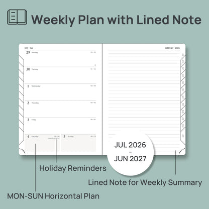POPRUN Weekly Planner 2026-2027 (Medium 6.5''x 8.5'') Academic Calendar (JUL.26 - JUN.27) Appointment Book with Monthly Tabs, Leather Soft Cover, Inner Pocket, 100 GSM - Petrol Green