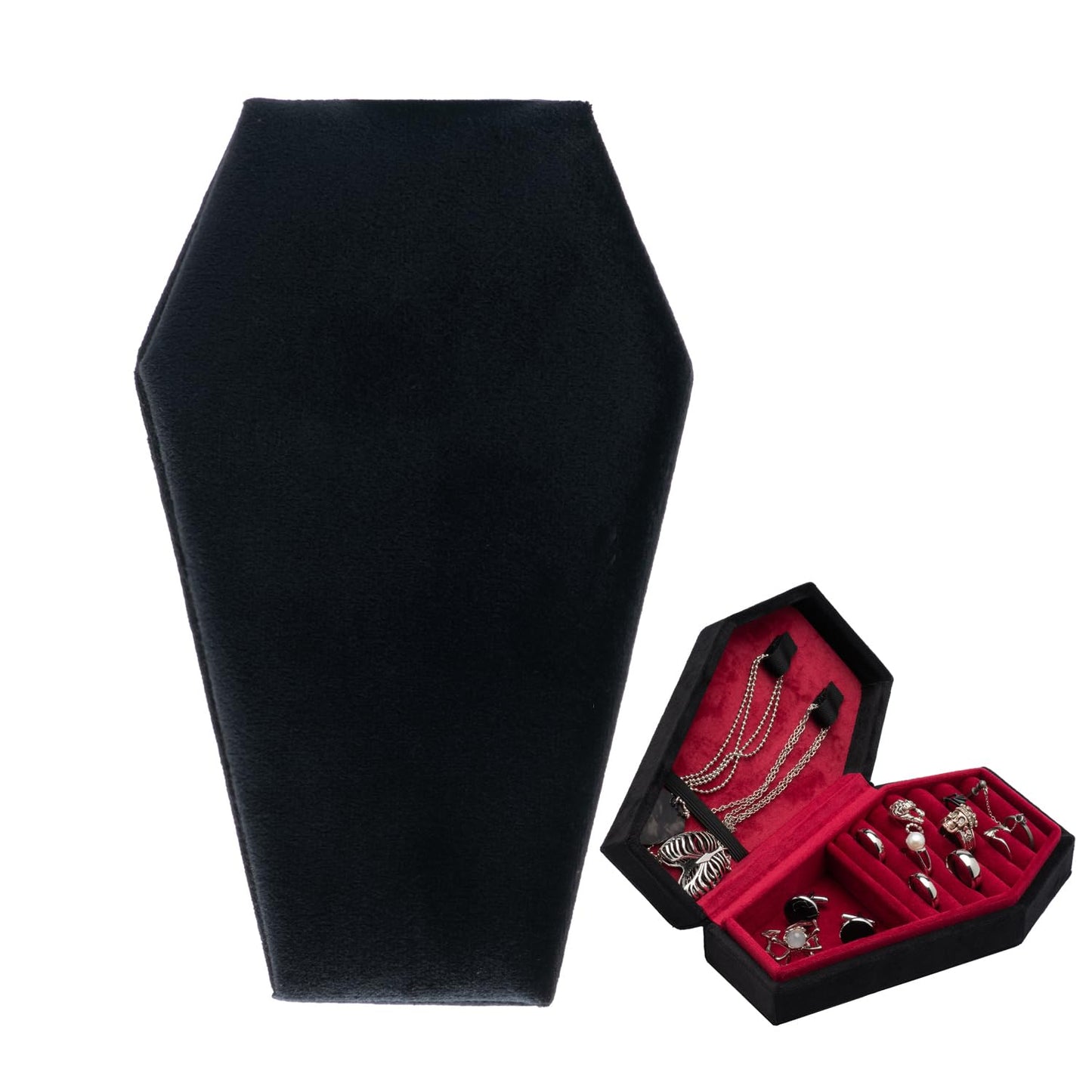 Giftop Velvet Coffin Jewelry Travel Case Holder for Gothic Wedding Ceremony Jewelry Organizer Decoration (Black and Red)
