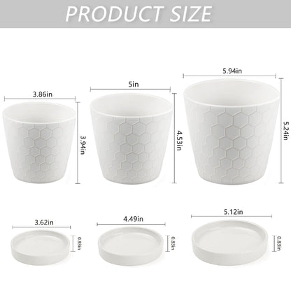 Ceramic Plant Pots,4+5+6 Inch Pots for Indoor Plants,Planters with Drainage Holes and Ceramic Tray, Indoor Flower Pots Gardening Home Desktop Office Windowsill Decoration Gift,Set of 3 (White)