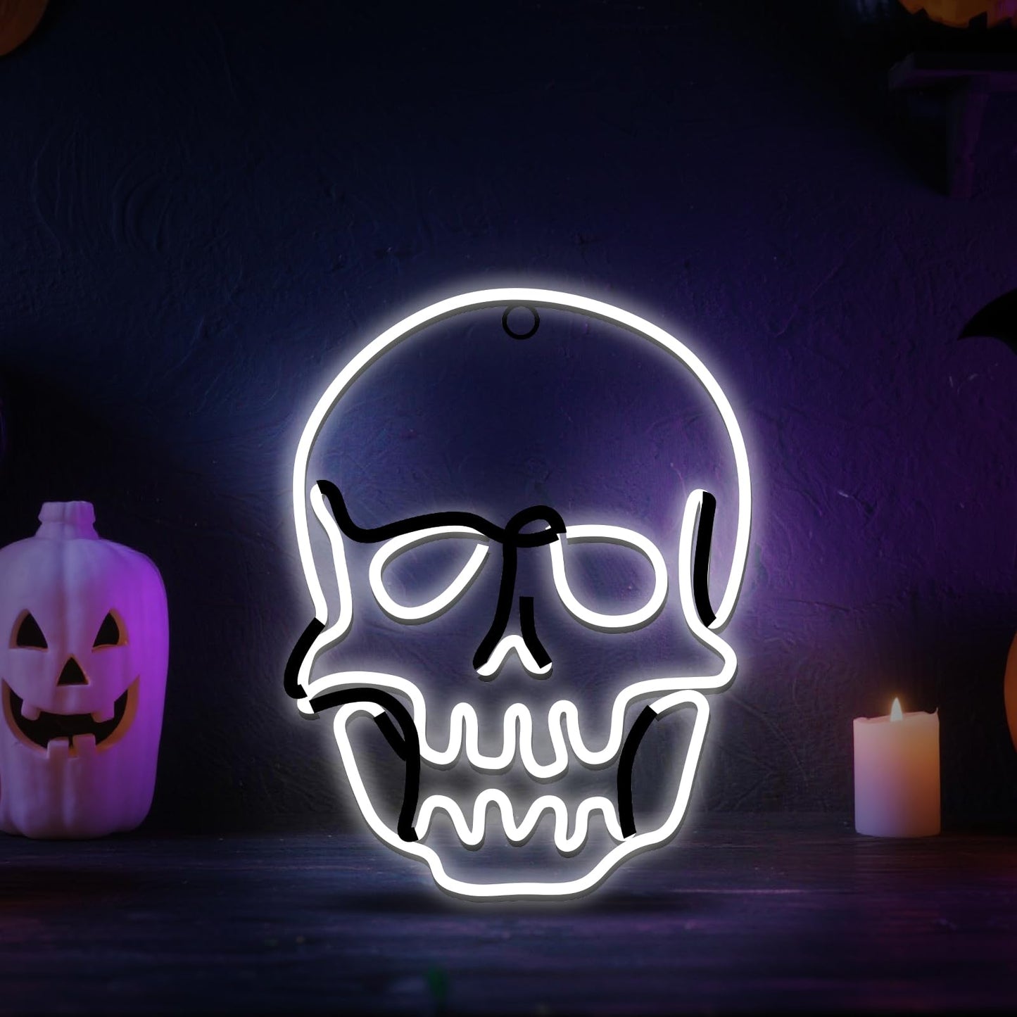 Flickering 13.5" Skull Neon Sign, 396 LED Pre-lit Skull Lights Plug in Hanging Scary Spooky Outdoor Halloween Decor for Yard, Porch, Garage, Party - Cool White　(No Constant Light)