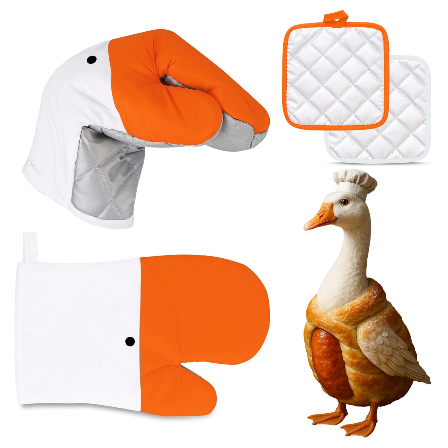 Goose Oven Mitts and Pot Holders 4 pcs Set, Heat Resistant Kitchen Gloves, Funny Novelty Animal Oven Mitts, Recycled Cotton Infill Silicone Non-Slip Gloves for Cooking Baking Grilling, Gift (Yellow)