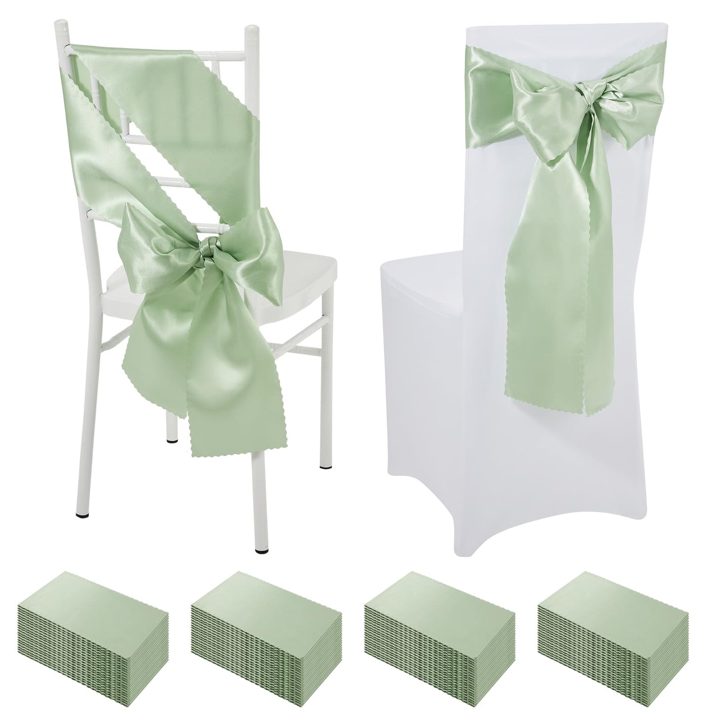Pack of 80 Sage Green Satin Chair Sashes Bows Ties Upgraded 7 X 108 Inch Chairs Ribbons for Festive Gift Hotel Wedding Ceremony Halloween Christmas Thanksgiving Party Banquet Event Decoration