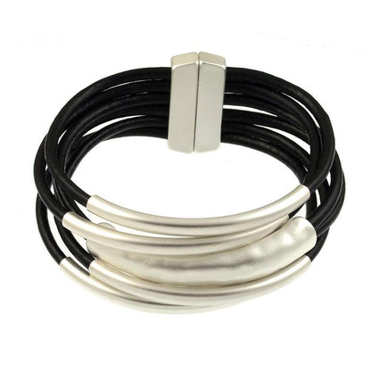 YKKZART Leather Bracelets Multilayer Black Leather wrap Bracelets Chunky Silver Tube Bangles Bracelets for Women