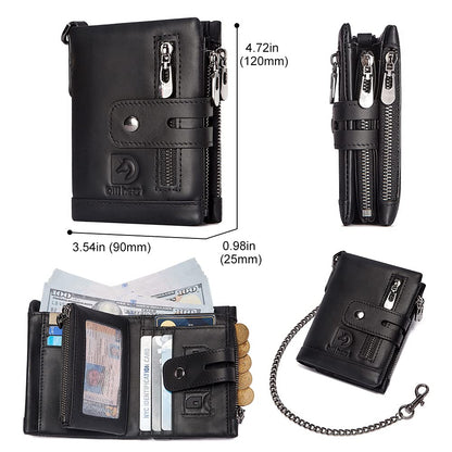 Mens Wallet with Chain Genuine Leather Purse RFID Blocking Bifold Double Zipper Coin Pocket with Anti-Theft Chain