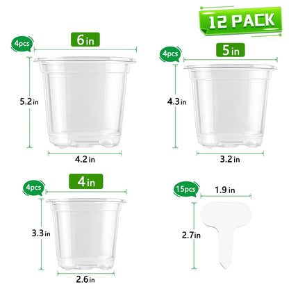 SupKing Clear Nursery Pots 6/5/4 Inch Plastic Seed Starter,12 Pack Plastic Pots for Plants with Drainage Holes for Transplanting Succulents Cuttings Come with 15 Seedlings Labels