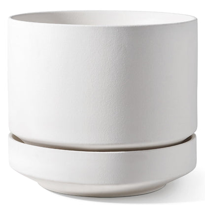 LE TAUCI 12 Inch Pots for Plants with Saucer | Ceramic Outdoor & Indoor Planter Pot for Plants | Drainage Hole, Mesh Pad | Unglazed Porous | Modern for Home, Office and Patio – Chalk White