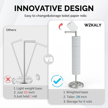 Toilet Paper Holder Stand with Storage – 4 Extra Rolls –Brushed Nickel Toilet Paper Holder for Bathroom – Sturdy Base, Classic Retro Style, Space-Saving Bathroom Storage Organizer, Sliver