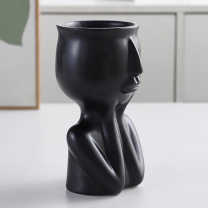 Semme Scandinavian Ceramic Face Planter Pot, Minimalist Planter Pot for Home Office Garden (Black)