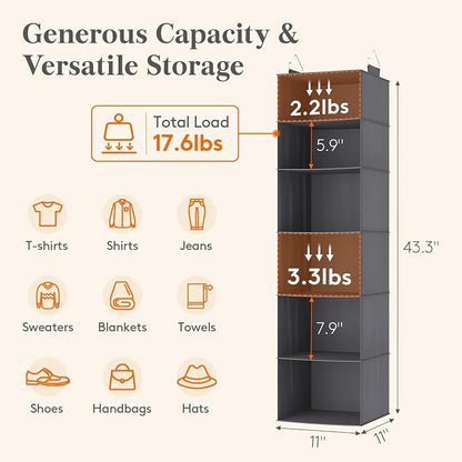 Lifewit 6 Tier Hanging Closet Organizer and Storage for Shelves, 1 Pack Foldable Clothes Shelf with 2 Sturdy Hooks, Sweater/Coat/Shoes Clothing Organization for Wardrobe, Dorm, Bedroom, Gray