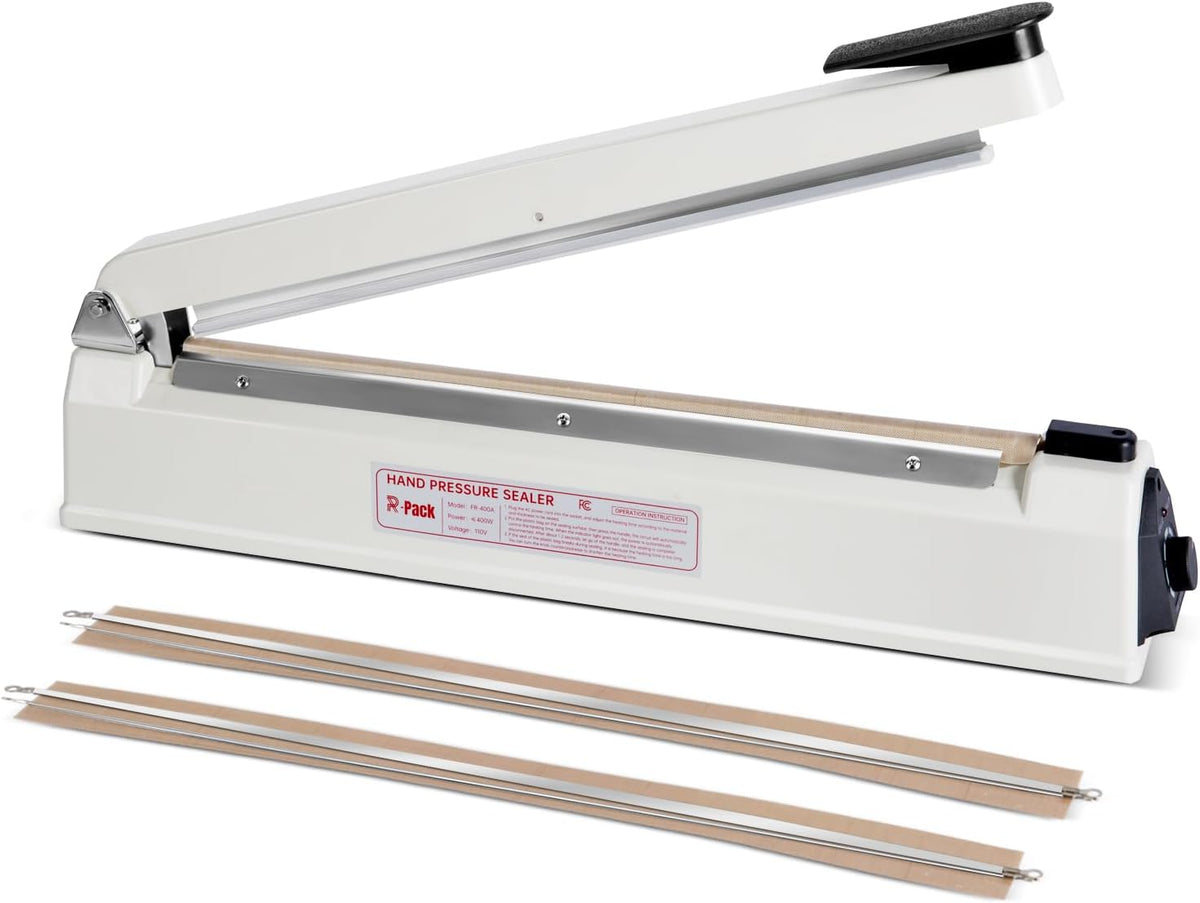 Impulse Heat Sealer with Seal bar, Heavy-Duty Bag Sealing & Cutting Machine, 2 Extra Replacements (white, 16inch)