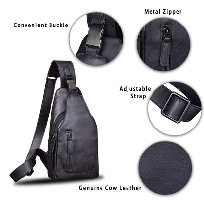 Genuine Leather Sling Bag for Men Chest Shoulder Crossbody Hiking Backpack Vintage Handmade Daypack (Black)