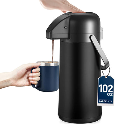 Coffee Carafe for Keeping Hot - Gezoss 102OZ / 3L Airpot Coffee Dispenser with Pump - Large Coffee Carafe for Hot Drinks Tea Liquid - Insulated Stainless Steel Hot Water Beverage for Parties,Black