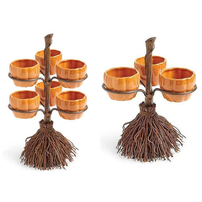 Halloween Pumpkin Snack Bowl Stand, Halloween Broomstick Snack Bowl Stand, Pumpkin Snack Tray, Detachable Candy Holder Bowl Halloween Party Favor Supplies for Serving Snacks,