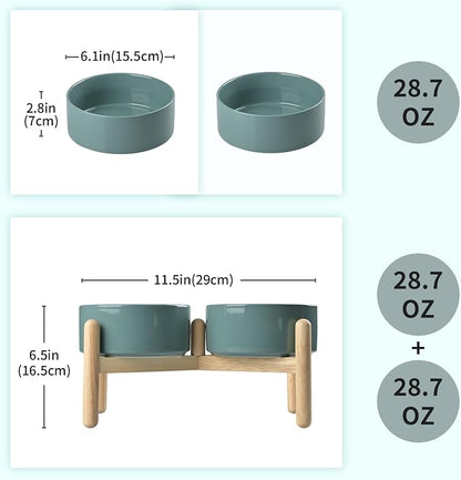 SPUNKYJUNKY Ceramics Raised Dog Bowls with Wooden Stand - Elevated Dog Feeding Set (Double 28.7OZ, Dark Green)